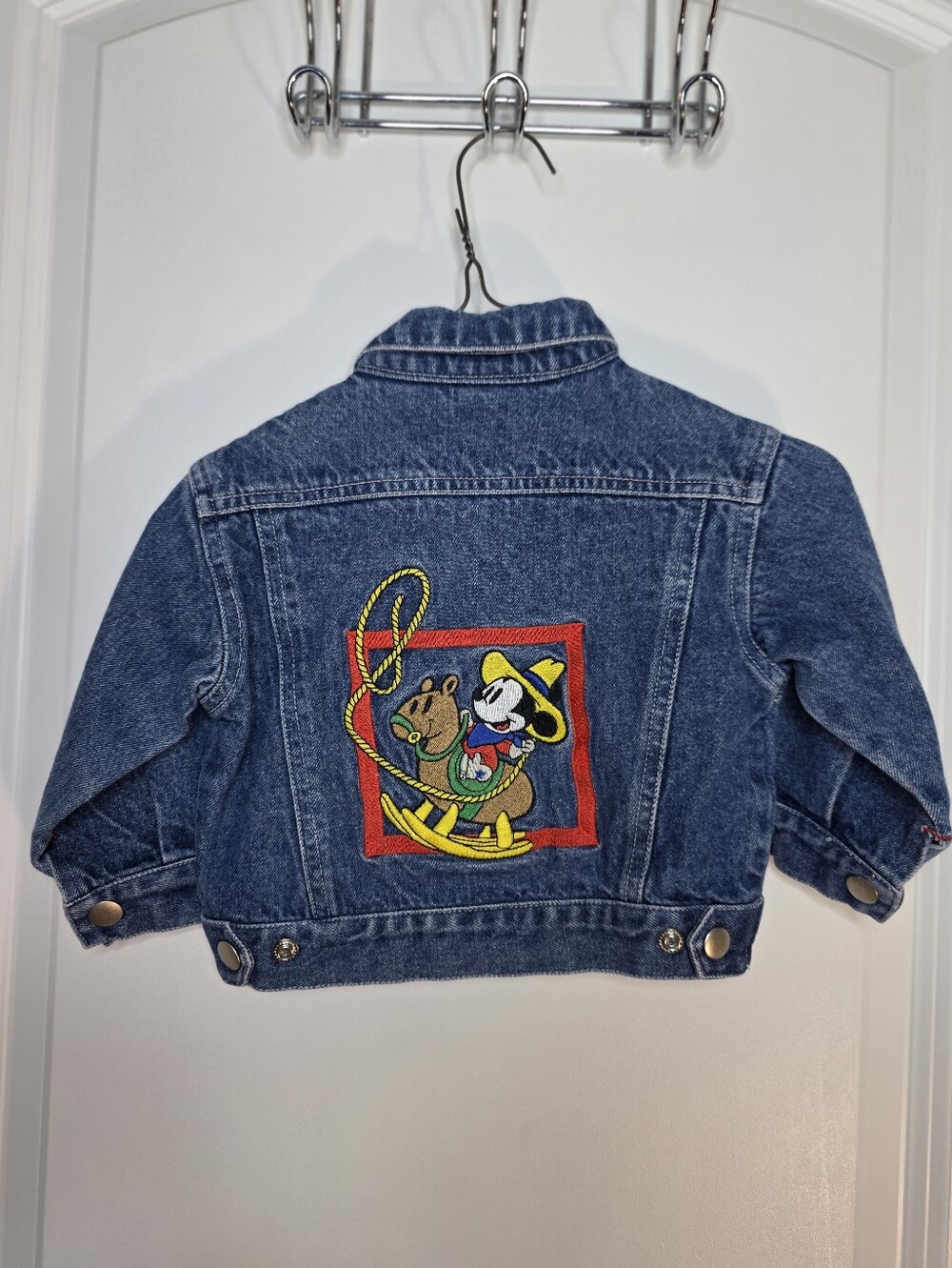 Vintage Disney Denim Jacket with Mickey Rodeo Patch - Blue, Red, Yellow